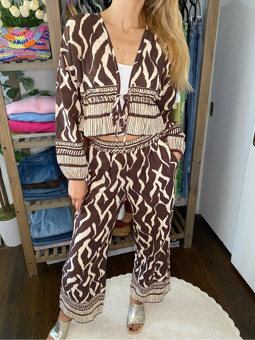 BELLAMBRA Made in Italy Brown & Cream Wide Leg Printed Pants & Top Set! 🌞